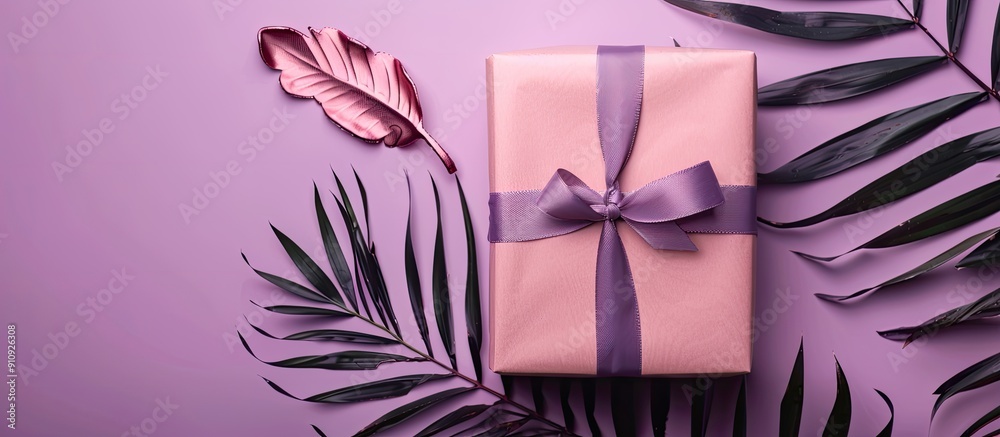 Aufkleber a present wrapped with a bow and adorned with palm leaves against a lilac and purple backdrop convey