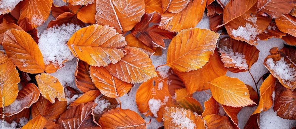 Poster yellow orange autumn beech leaves peek through the first snow creating a bright cool and leafy backg