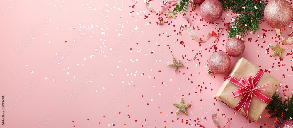 Poster festive christmas display featuring ornaments a gift box and star confetti on a soft pink backdrop i