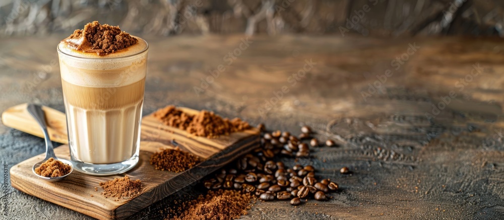 Aufkleber A latte glass with a spoon rests next to a wooden board displaying Dalgona coffee ingredients like brown sugar instant coffee and milk with a copy space image