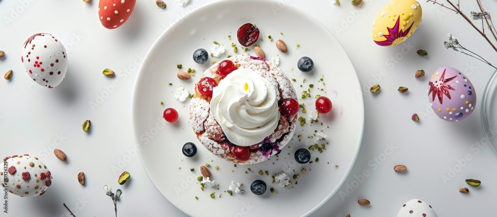Poster easter themed plate with a blueberry muffin topped with whipped cream surrounded by decorative items