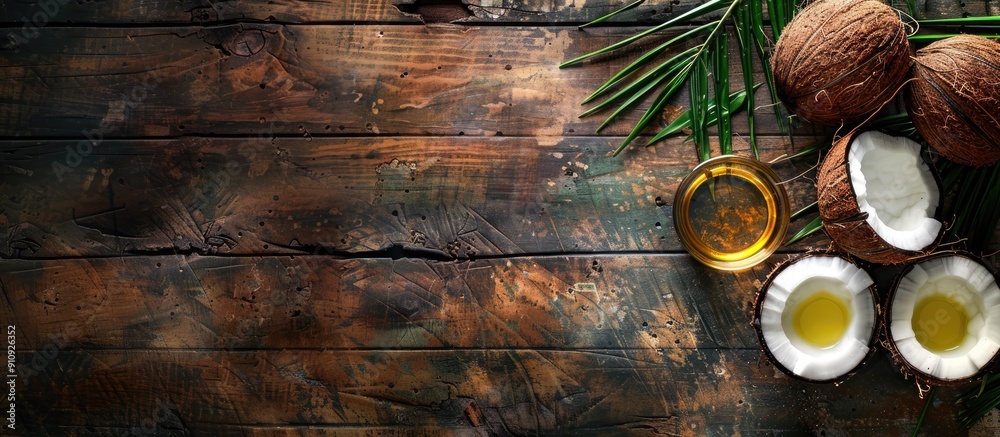 Poster abstract health idea portrayed with coconut oil and components on wooden backdrop with space for ins