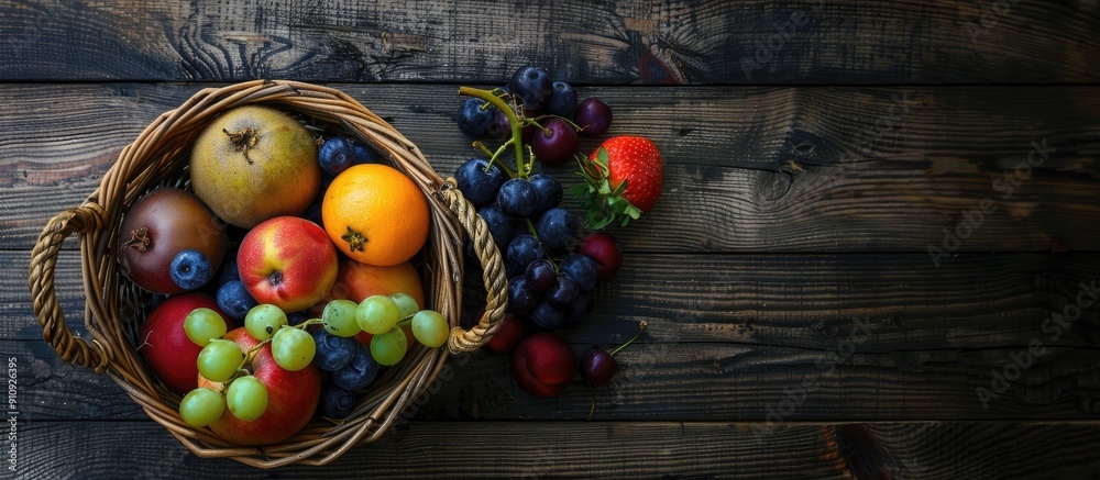 Aufkleber Selection of fruits in the basket creates a rustic display with copy space image