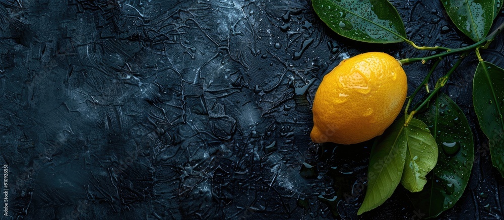 Poster yellow ripe lemon on a dark stone background with copy space image