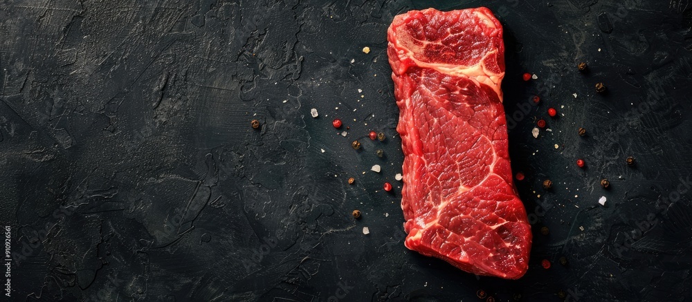 Poster top view of raw striploin steak or new york strip loin on black background with copy space image