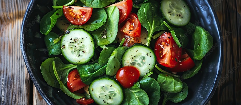 Poster Plate with a vegetarian salad containing cucumber tomato and spinach displayed as a copy space image