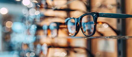 Various eyeglasses for vision correction are displayed in the optical store showcasing a wide range of options against a blurry background with copy space image
