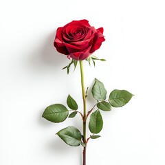 Naklejka premium A single red rose with green leaves and a long stem, isolated on a white background