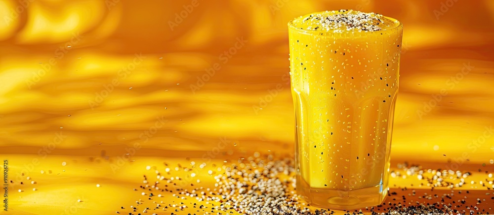 Poster A glass with a yellow beverage topped with seeds on a bright backdrop with selective focus Ideal as a copy space image