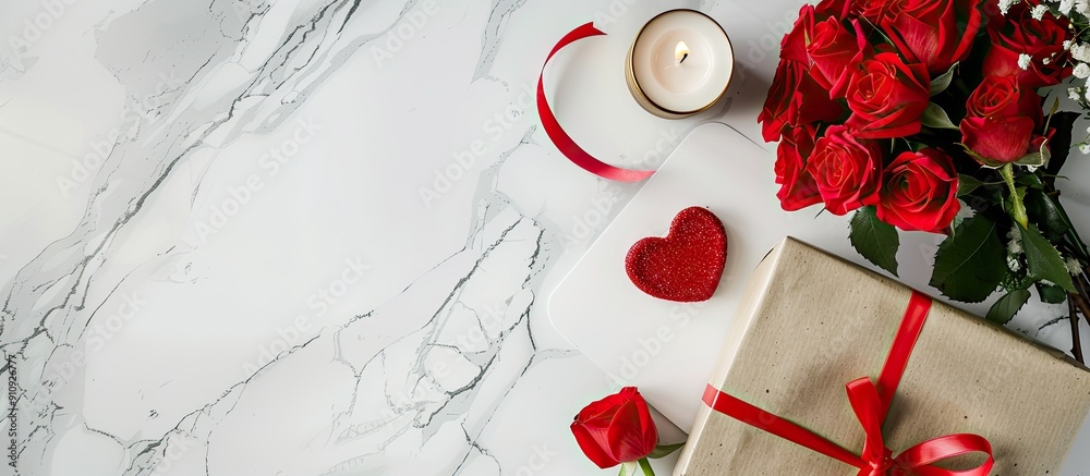 Aufkleber valentine s day theme with a red rose bouquet ribbon tied alongside a blank notepad gift box and can