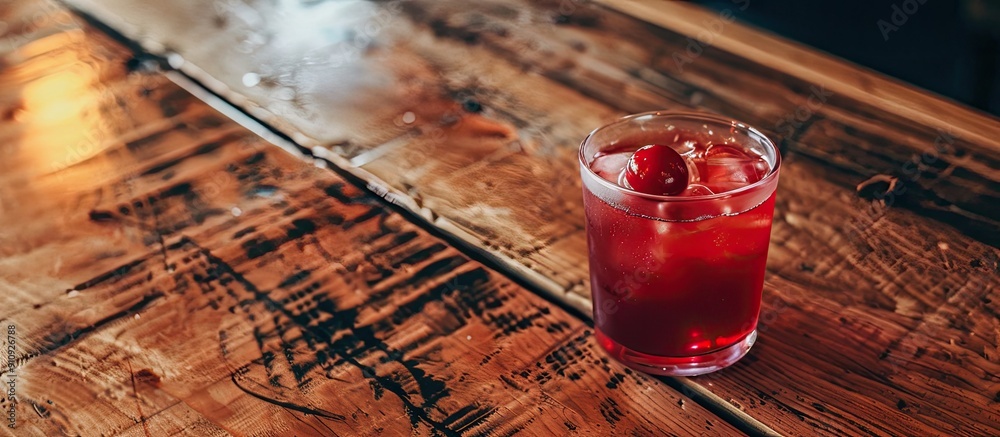 Poster on a walnut table place a tumbler filled with red drink alongside a copy space image