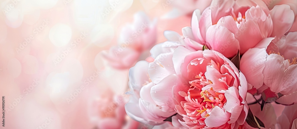 Poster stylish pink peony bouquet in close up view with a delicate floral pastel background ideal for a car