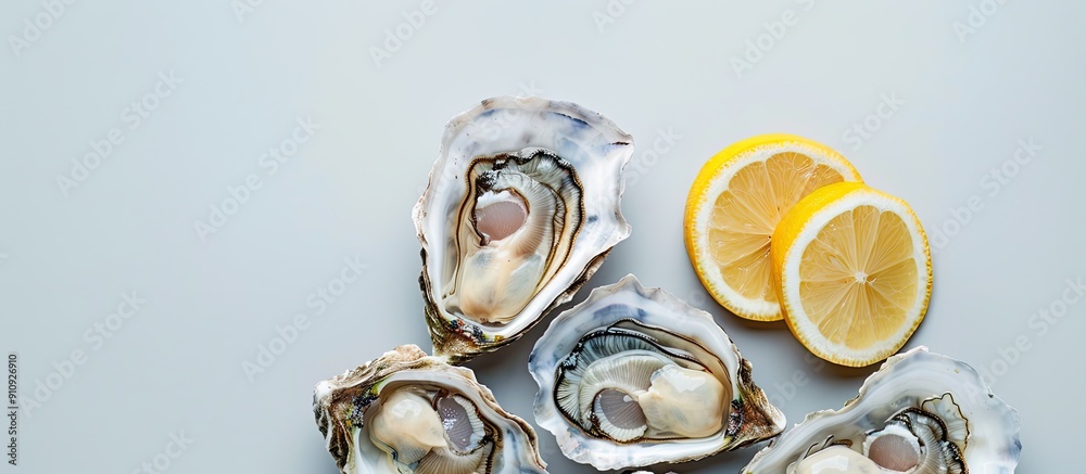 Poster Raw oysters presented with a lemon slice in a copy space image