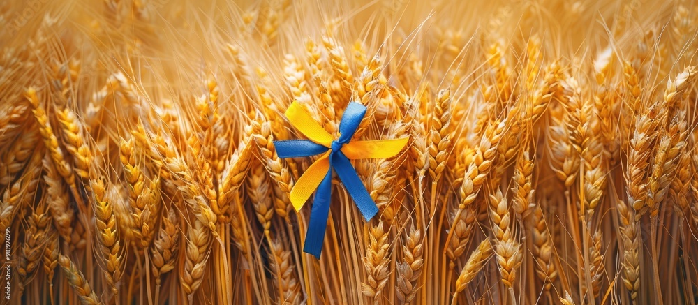 Poster top view of a stunning natural background with a macro photo of ripe golden wheat ears tied with a y