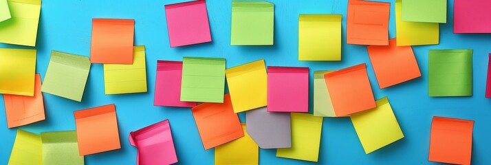 A collection of vibrant sticky notes scattered randomly on a blue background, symbolizing creativity, ideas, and planning.