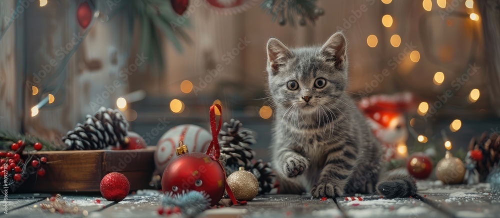 Poster A playful grey kitten with a curious nature interacts with Christmas decorations and toys in a charming setting ideal for a card featuring adorable pets with copy space image