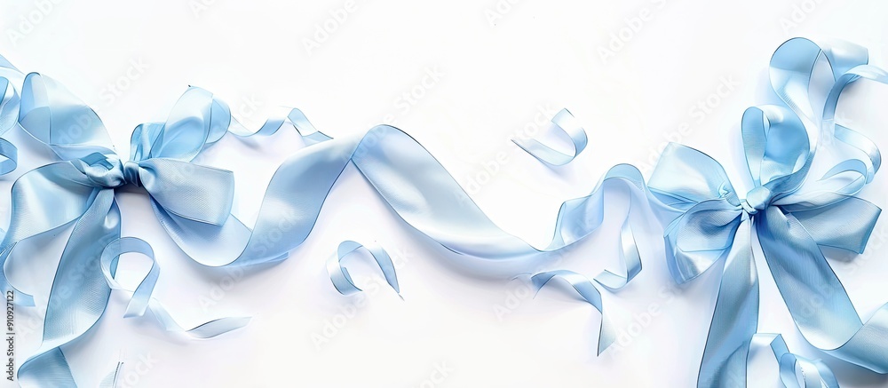 Poster silky sky blue ribbons with bows and tails beautifully displayed against a white backdrop in this co