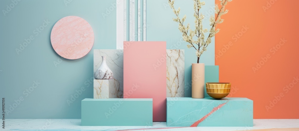 Aufkleber Modern arrangement of different materials and geometric shapes on a pastel background creating an elegant copy space image