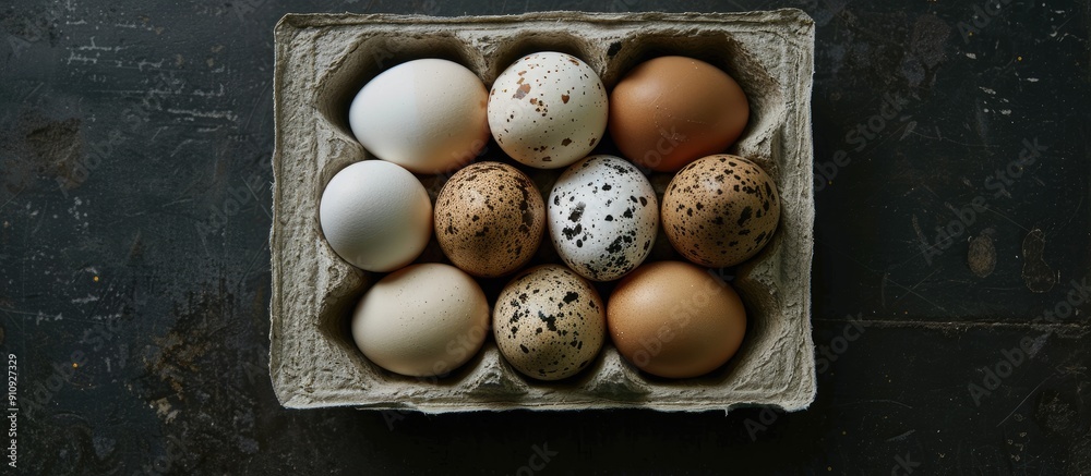 Poster Eggs from chickens and quails are arranged in a box against a dark backdrop providing a clear copy space image