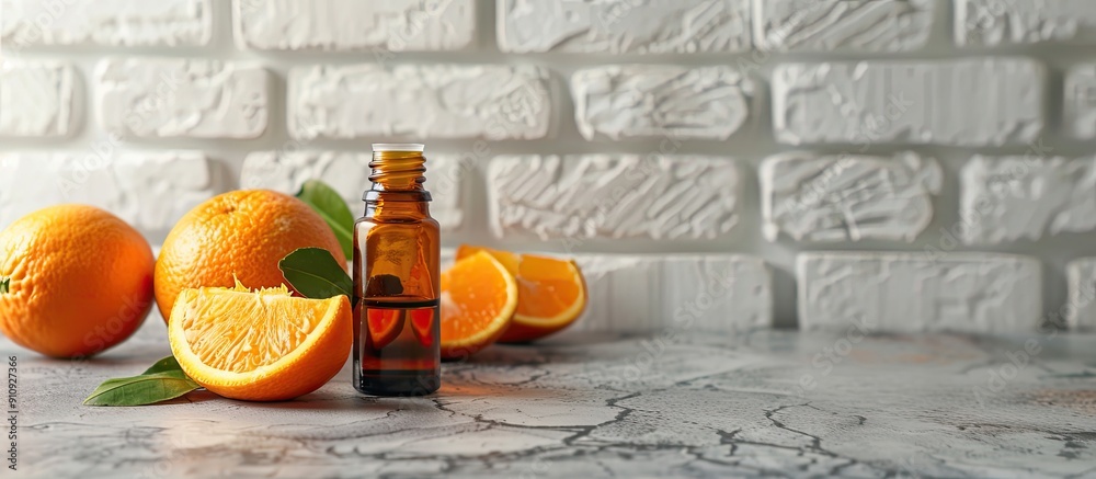 Aufkleber essential oil bottle displayed with oranges and leaf on a grey marble surface next to a white brick 