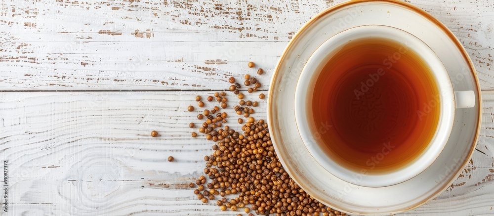 Poster white wooden table with a cup of buckwheat tea displayed offering ample copy space image