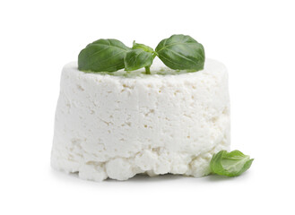 Fresh ricotta (cream cheese) and basil isolated on white