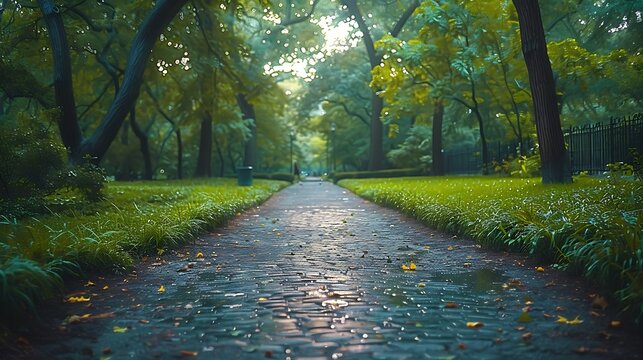 The tranquility of Central Park, New York City, with a solo traveler exploring a hidden pathway, dense greenery, and the sounds of nature blending with the distant city hum. DSLR, wide-angle lens,