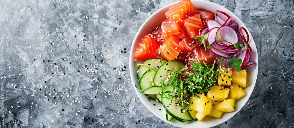 Poster overhead view of a colorful hawaiian salmon poke bowl garnished with seaweed watermelon radish cucum