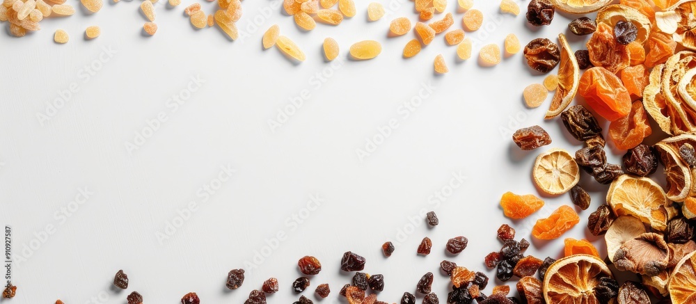 Poster overhead view of dried fruits spread on a white backdrop providing copy space image