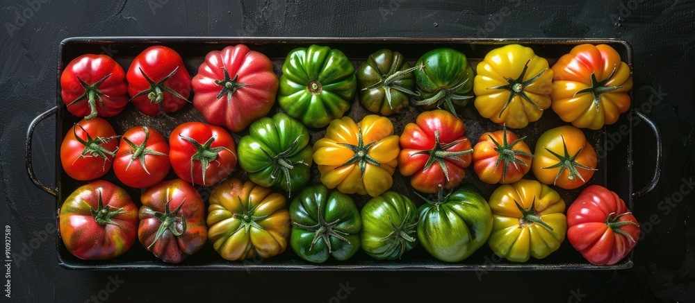 Poster tray with a variety of colorful organic tomatoes red yellow pink and green varieties displayed on a 