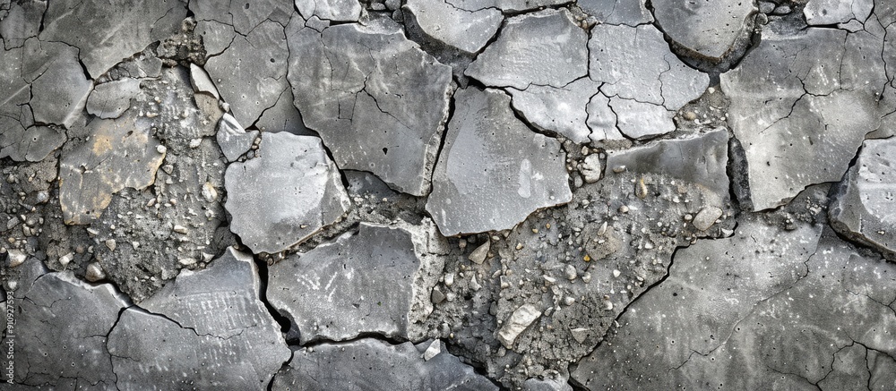 Poster old cement background showing a gray cracked concrete wall with protruding stones providing visual i