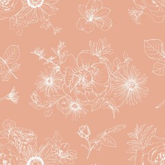 Hand drawn pencil graphic illustration seamless pattern of vintage flowers