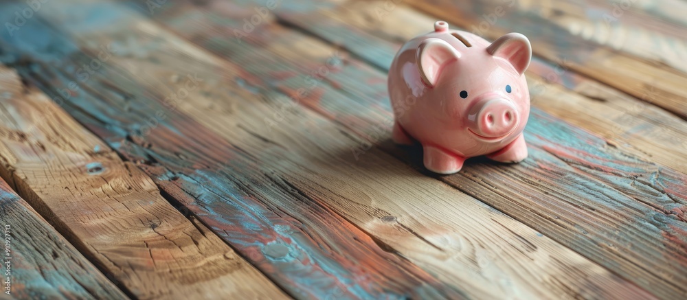 Poster wooden table top featuring a piggy bank with copy space image