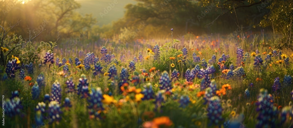 Leinwandbilder Field of wildflowers featuring bluebonnets with space for adding images. Creative banner. Copyspace image