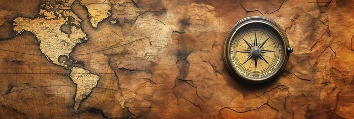 An antique compass rests on a vintage map, symbolizing travel, exploration, and adventure with a nostalgic touch of cartography history.