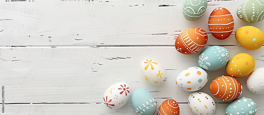 Leinwandbilder easter themed image with vibrant eggs on a white wooden backdrop ideal for easter greetings or festi