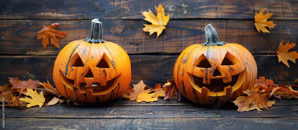 Poster Two Jack o lantern pumpkins with different expressions arranged horizontally on a dark wooden surface set against a backdrop of autumn leaves offering copy space for an image