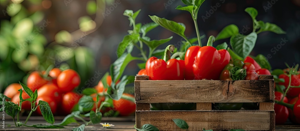 Poster Red sweet pepper displayed in a wooden box within a garden with a blank space for adding an image. Creative banner. Copyspace image