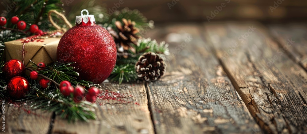 Aufkleber A festive Christmas scene featuring a vibrant red ornament holly branches and gifts on a rustic wooden backdrop Ideal for a greeting card with room for text Copy space image