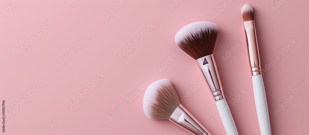 Poster makeup brushes on a soft pink backdrop ideal for showcasing in magazines or social media top down vi