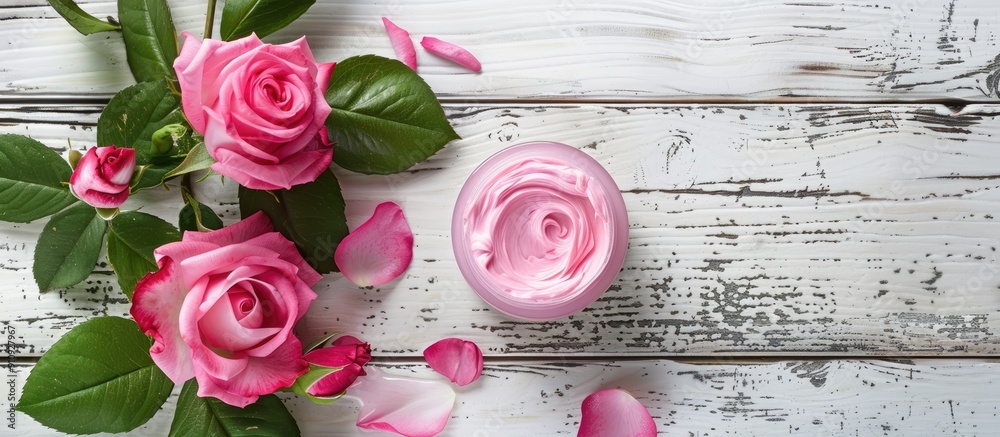 Poster rose flower and pink moisturizer displayed on a white wood background with ample copy space image