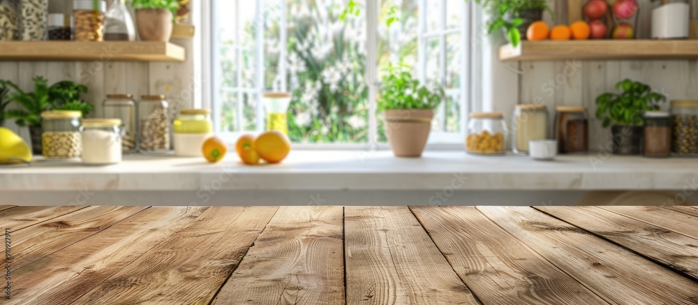Aufkleber kitchen window and shelves in the blurred background of a wooden table with copy space image