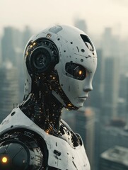 Fototapeta premium Robot standing in front of city