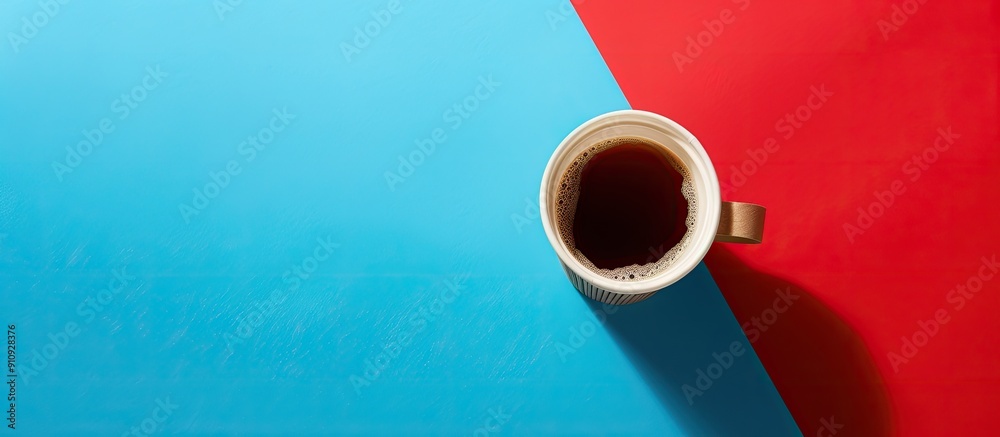 Aufkleber Minimalistic top view image of an empty paper coffee cup on a blue and red backdrop with ample copy space