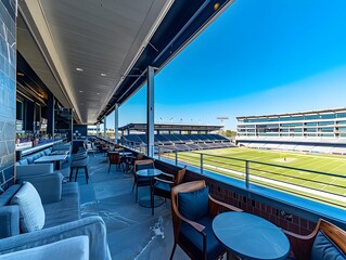 Spacious VIP Lounge with Panoramic Stadium View and Blue Sky