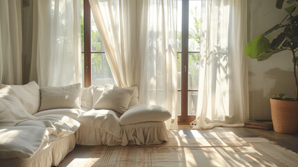 Fototapeta premium Sunlit cozy living room with white curtains and plush couch next to large windows. Concepts of tranquility, home decor, and relaxation.