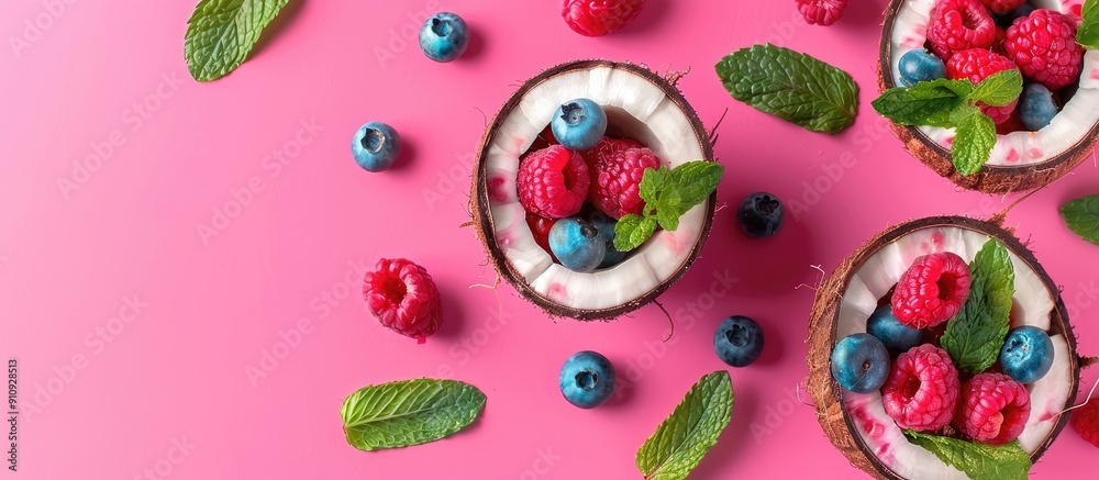 Poster Top down view of a pink background with ripe coconuts filled with organic berries and mint leaves featuring a pop art design and creative summer concept in a minimal flat lay style with copy space ima