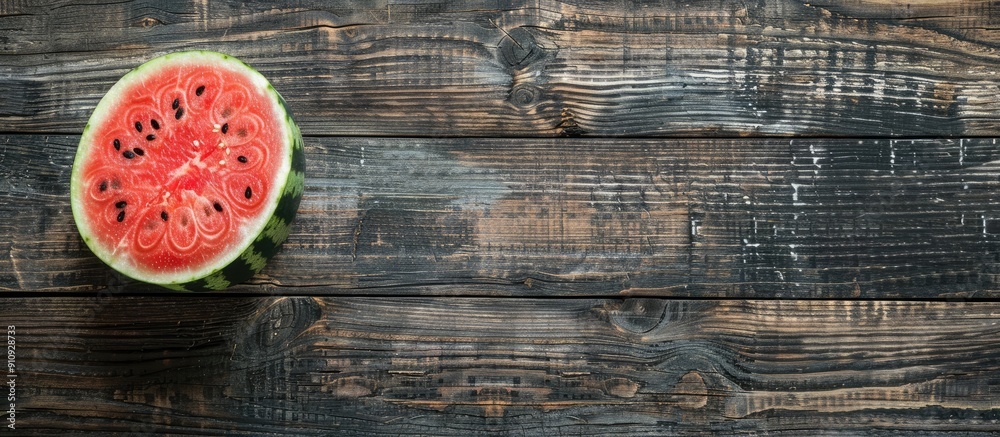 Poster Top view of a sliced watermelon on a rustic wooden surface with available space for text embodying a summery theme in the image. Creative banner. Copyspace image