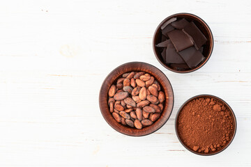 Cocoa beans grain in bowl . Ingredient for preparating chocolate