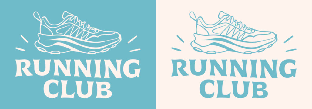 Running run club banner header event invitation clothing apparel logo shirt design for runner women female sports training squad. Retro vintage groovy 80s blue aesthetic quotes printable cut file.